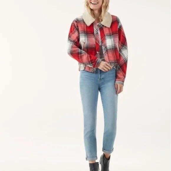 Splendid Bomber Jacket Red Plaid Flannel Fleece-Lined Collar Snap Button Elastic - Picture 10 of 10